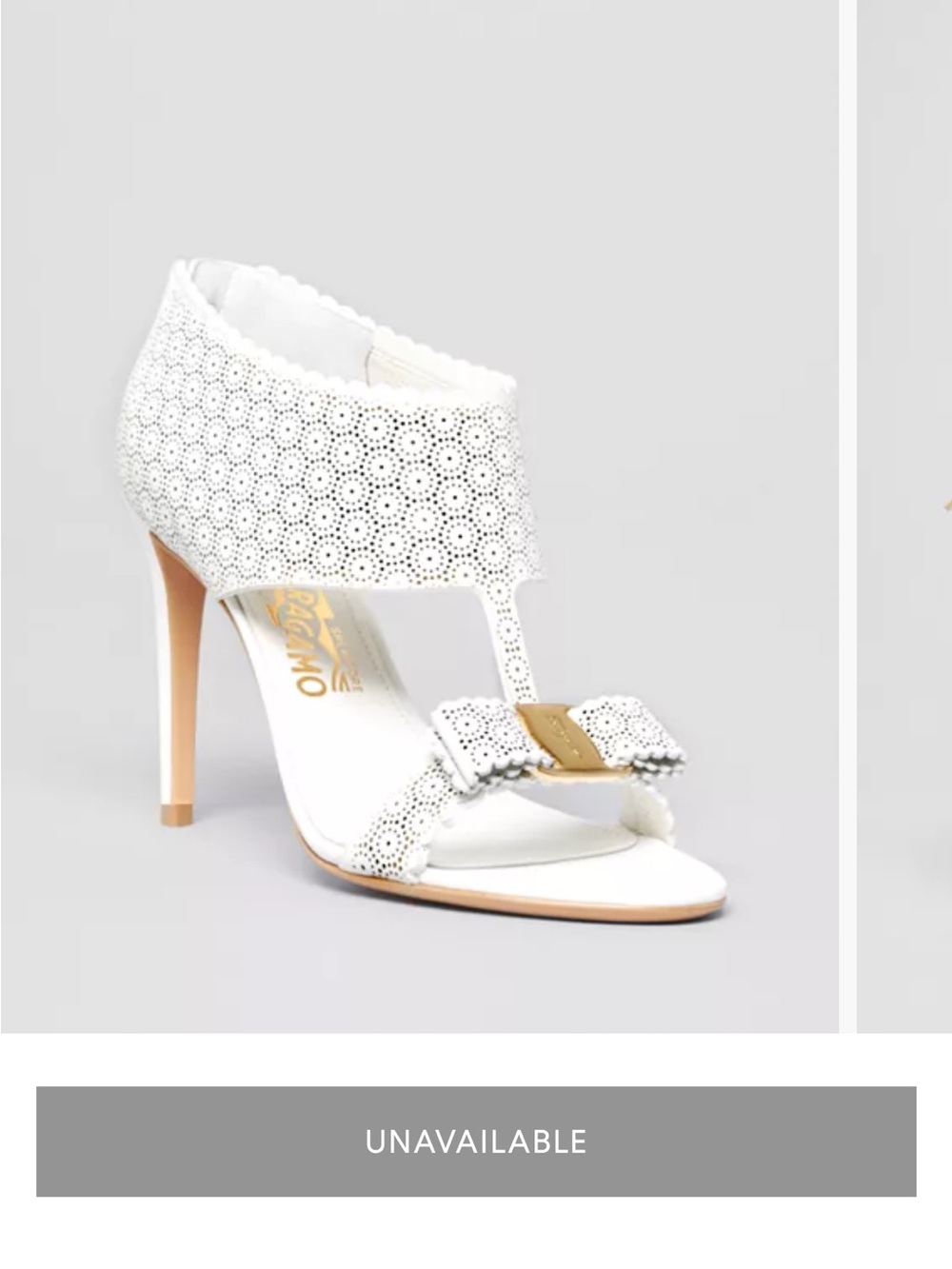 Salvatore Ferragamo White Perforated Leather Bow T-Strap Sandal with Gold Plaque
